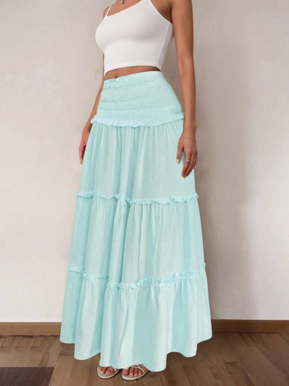 Baby Blue Elegant Women's Pleated Mixed-Fabric Ruffle Hem Casual Vacation Skirt - Picture 6 of 8